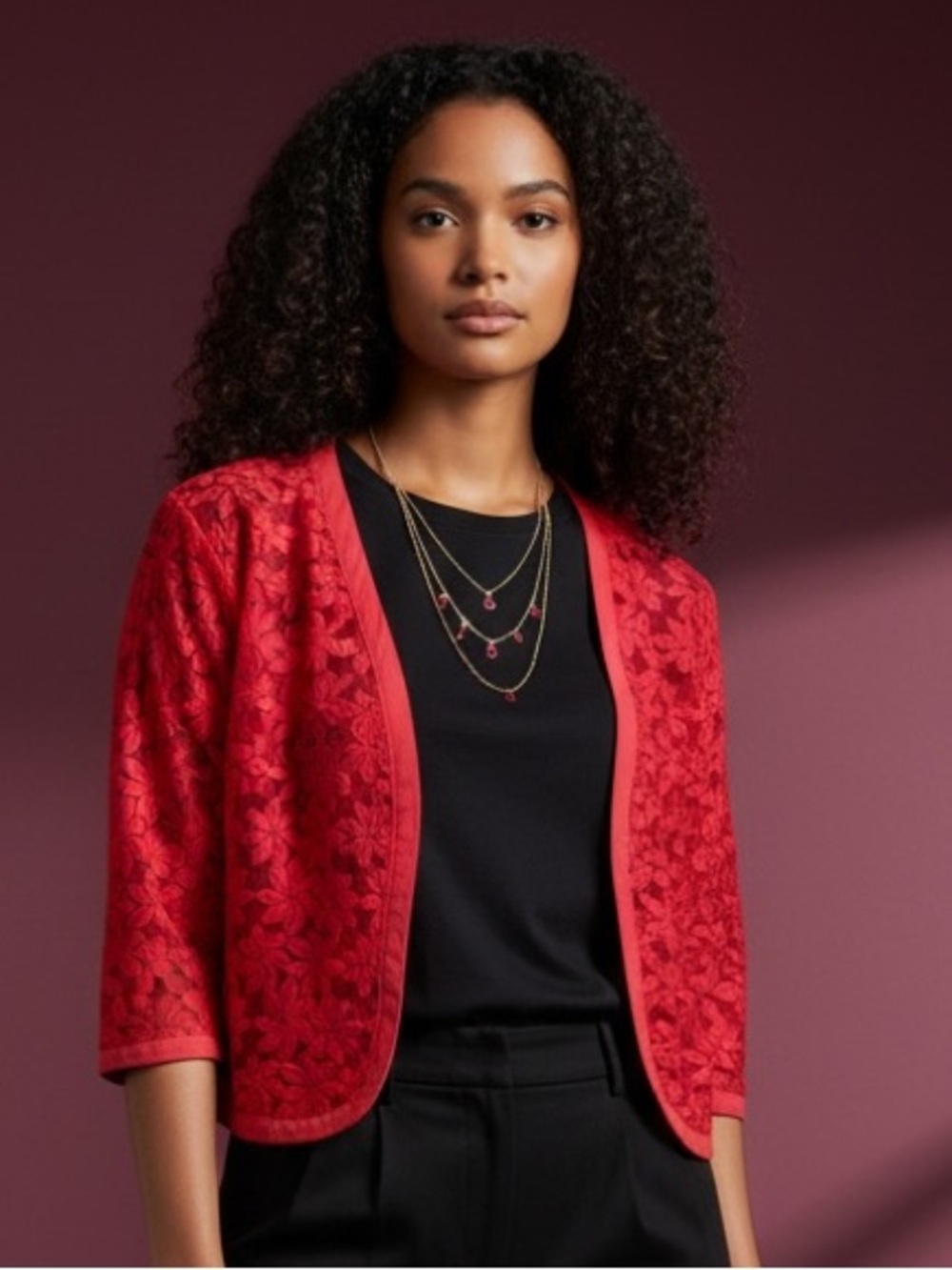 Anne Klein Red Lace Poppy Cropped Jacket - Women's Open Front